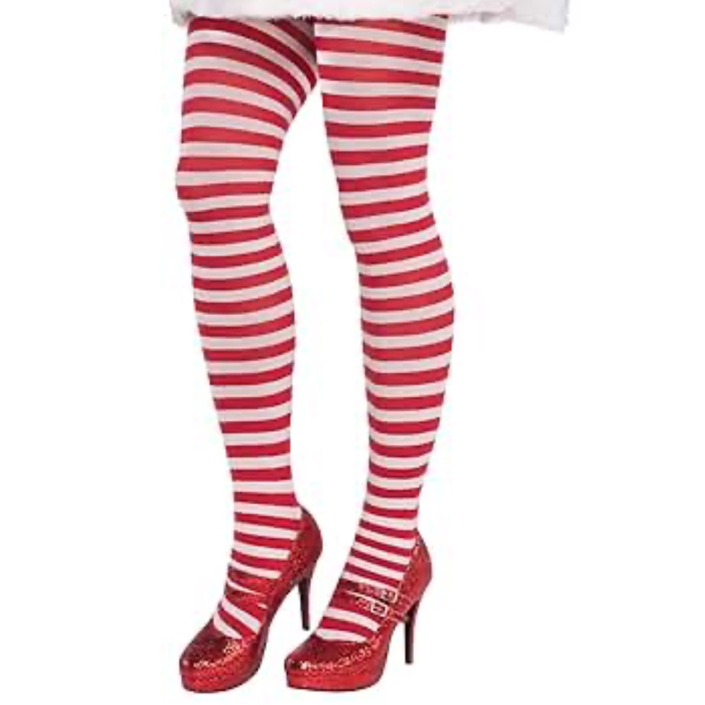 Candy Stripe red white stockings pantyhose NEW Halloween costume one size OSFM